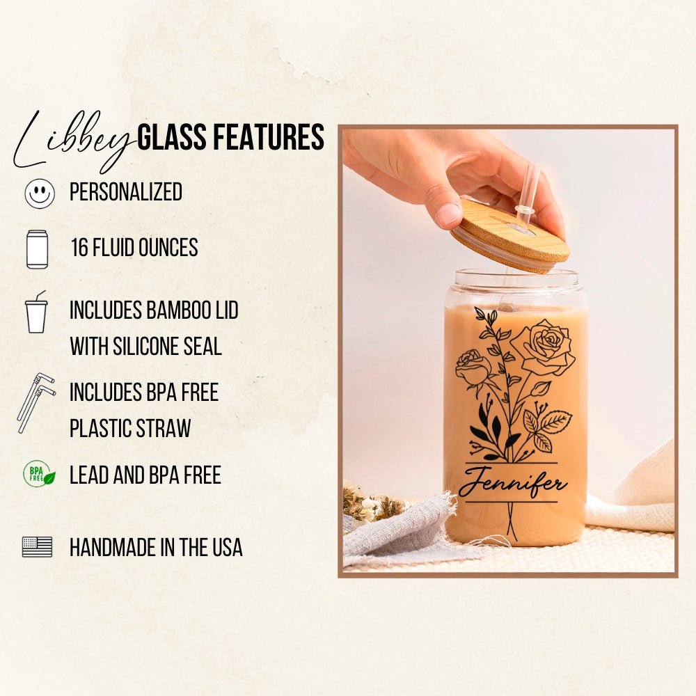 Custom Birth Month Flower Glass Libbey Sipper Cup - Embedded Designz
