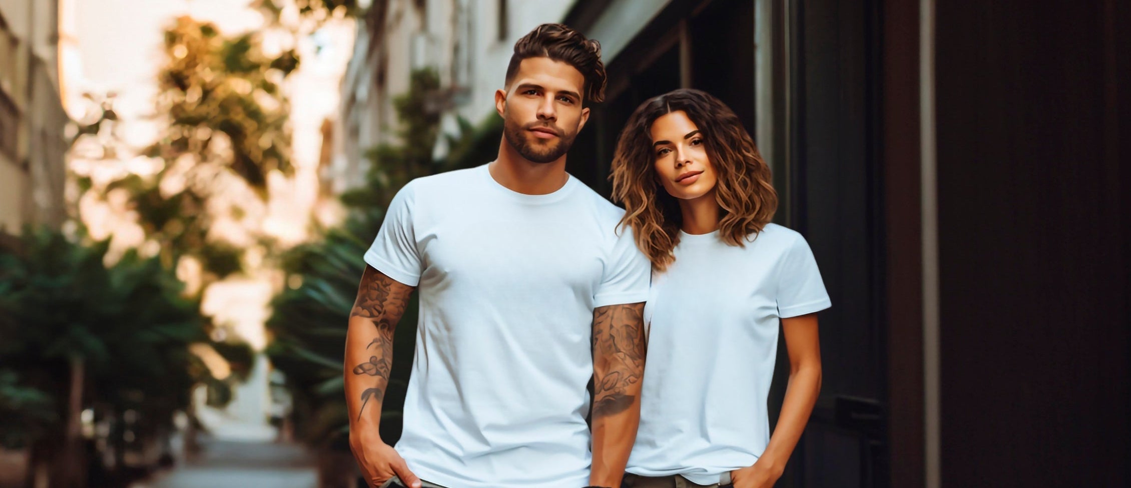 Two people wearing white t-shirts standing on a street.