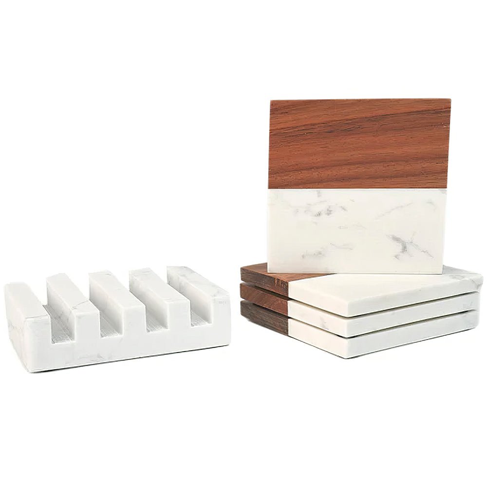 Personalized Acacia Wood & Marble Coaster Set - Embedded Designz