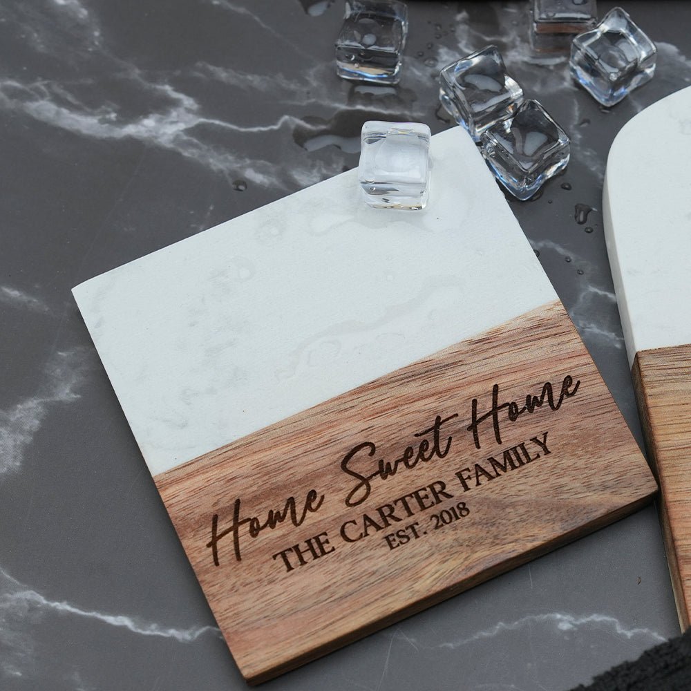 Personalized Acacia Wood & Marble Coaster Set - Embedded Designz