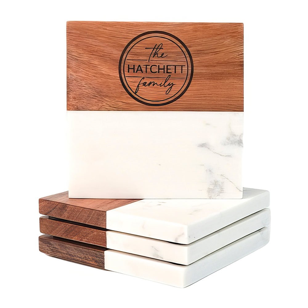 Personalized Acacia Wood & Marble Coaster Set - Embedded Designz