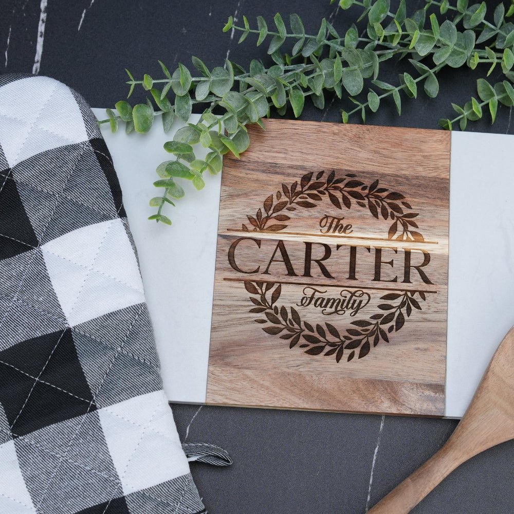 Personalized Acacia Wood & Marble Serving Board - Embedded Designz