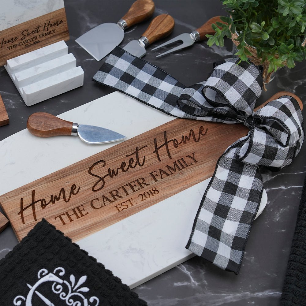 Personalized Acacia Wood & Marble Serving Board Set - Embedded Designz